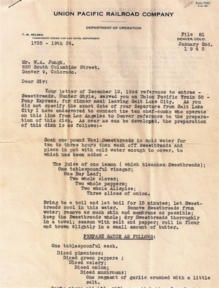 Item #1252 OFFICIAL LETTER FROM UNION PACIFIC RAILROAD COMPANY REGARDING CUISINE ON TRAIN 38. T....