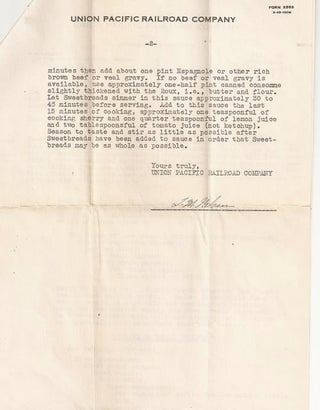 OFFICIAL LETTER FROM UNION PACIFIC RAILROAD COMPANY REGARDING CUISINE ON TRAIN 38