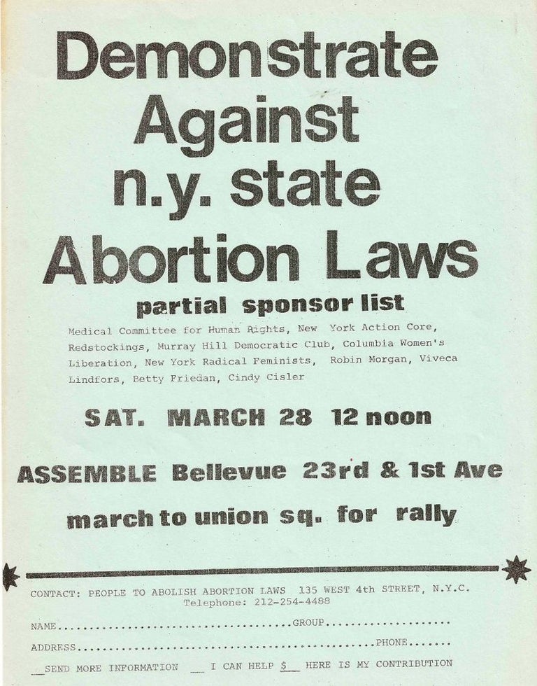 Item #1687 [ABORTION] Demonstrate Against N.Y. State Abortion Laws [two versions of a handbill]