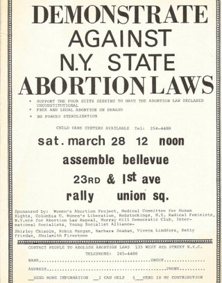 [ABORTION] Demonstrate Against N.Y. State Abortion Laws [two versions of a handbill]