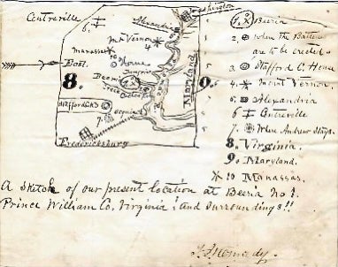 Item #1929 [CONFEDERATE MAP]. Positions Along the Potomac River, South of Washington, D.C., to Fredericksburg, and West to Centreville, Manassas, and Stafford Court House in a manuscript map, captioned "A Sketch of our present location at Beeria No. 1, Prince William Co., Virginia! and surroundings!!"