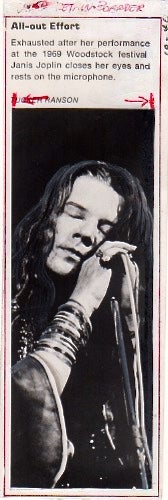 Item #201242 JANIS JOPLIN [Press Photograph by Tucker Ranson] All-out Effort: Exhausted after her performance at the 1969 Woodstock festival, Janis Joplin closes her eyes and rests of the microphone